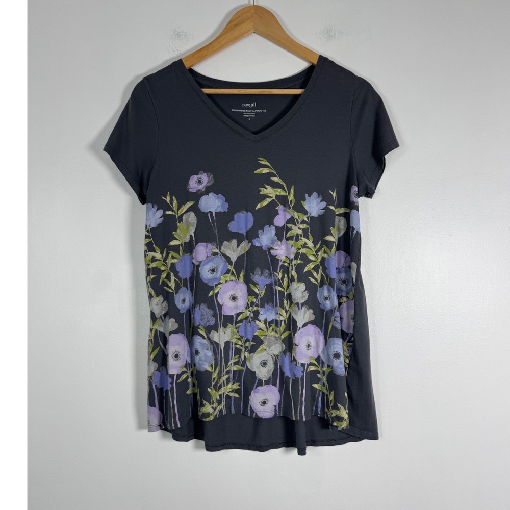 Artistic Pure Jill Womens Small Pima Cotton Tee Grey Floral Shirred Back Top